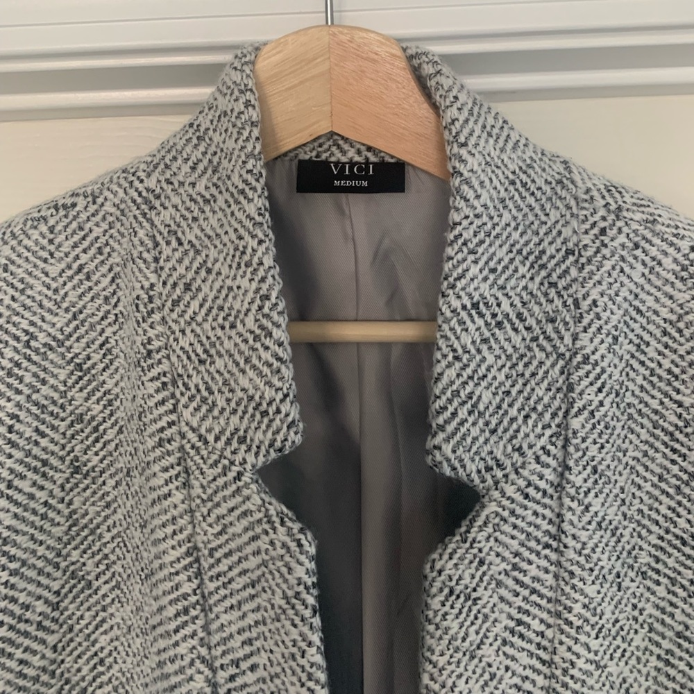VICI Black and White Herringbone Wool-Blend Pea Coat